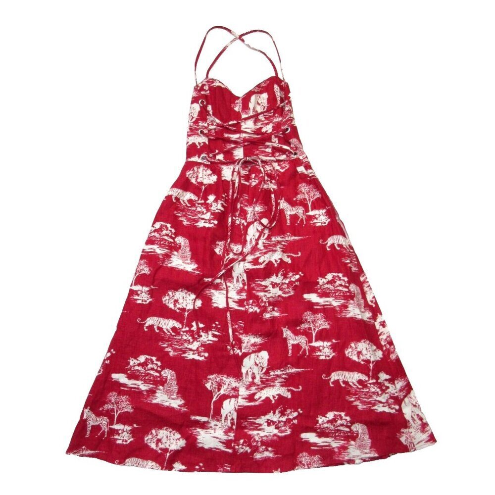 NWT Reformation Pepper in Wildlife Red White Linen Lace-up Back Midi Dress 2 - Picture 8 of 9